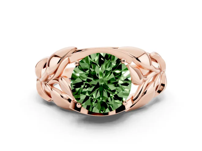 Fancy Green Round Cut Diamond Leaf-Inspired Engagement Ring Set in Rose gold with Round Accents