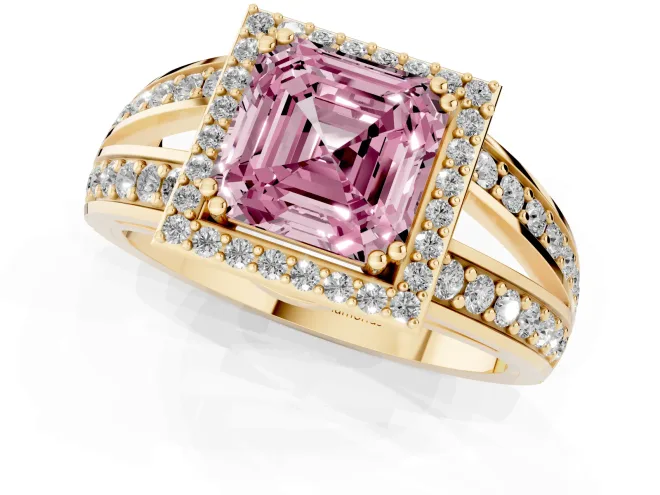 Fancy Pink Asscher Cut Diamond Halo Ring Set in Yellow gold with Double Pavé Split Shank – second view