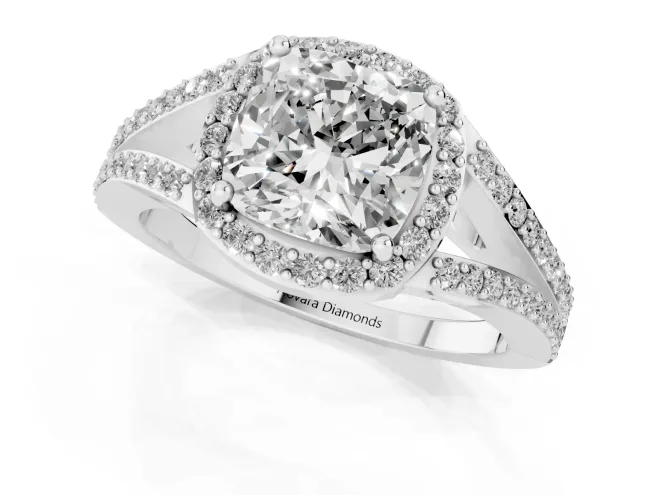 Cushion Cut Diamond Halo Split Shank Pavé Ring Set in Platinum with Prong Setting – second view