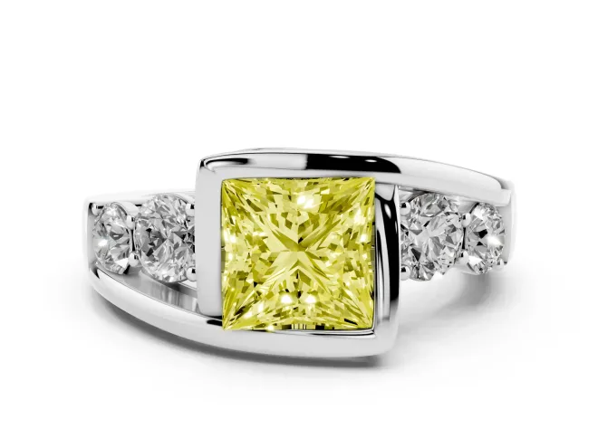 Fancy Yellow Princess Cut Diamond Bezel Bypass Ring Set in Silver with Round Accents