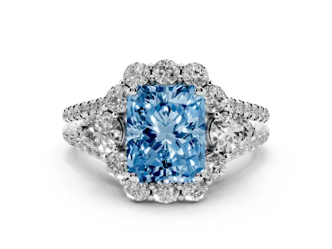 Radiant Cut Scalloped Halo Engagement Ring Setting for a Fancy Blue Lab-Grown Diamond | Pear Side Stones | White Gold