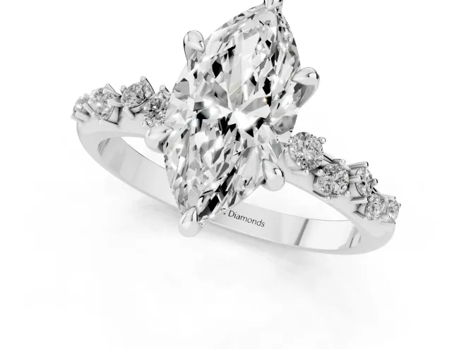 Marquise Cut Diamond Solitaire Vine Band Ring Set in Platinum with Round Accents and Prong Setting – second view
