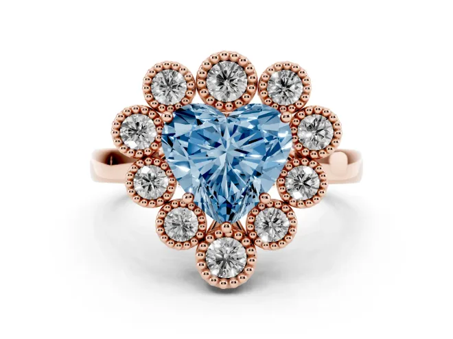 Heart-Shaped Milgrain Cluster Halo Engagement Ring Setting for a Fancy Blue Lab-Grown Diamond | Plain Band | Rose Gold