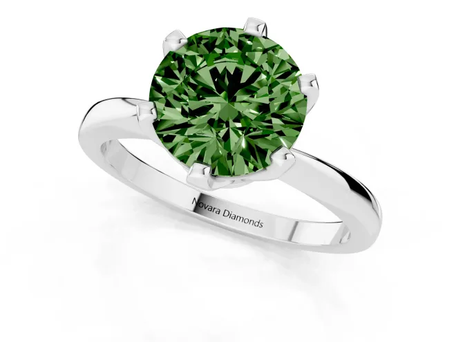 Fancy Green Round Cut Diamond Solitaire Engagement Ring Set in White gold with Slim Tapered Solitaire Band – second view
