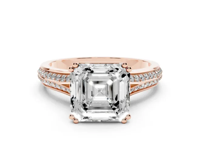 Asscher Cut Pavé Split Shank Engagement Ring Setting | Double Claw Prongs | Rose Gold