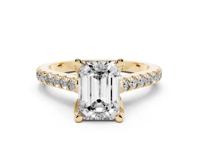 Emerald Cut Hidden Halo Pavé Engagement Ring Setting | Claw Prongs | Yellow Gold