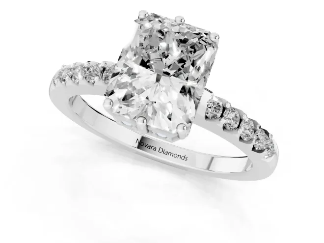 Radiant Cut Diamond Solitaire Engagement Ring Set in White gold with Pavé Band and Prong Setting – second view