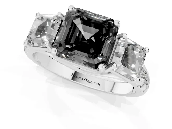 Fancy Black Asscher Cut Diamond Three-Stone Ring Set in White gold with Pavé Band – second view