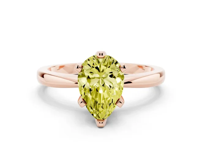 Fancy Yellow Pear Cut Diamond Solitaire Engagement Ring Set in Rose gold with Slim Tapered Solitaire Band