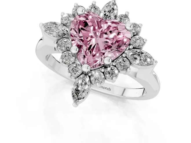 Fancy Pink Heart Cut Diamond Cluster Halo Ring Set in Platinum with Marquise and Round Accents – second view
