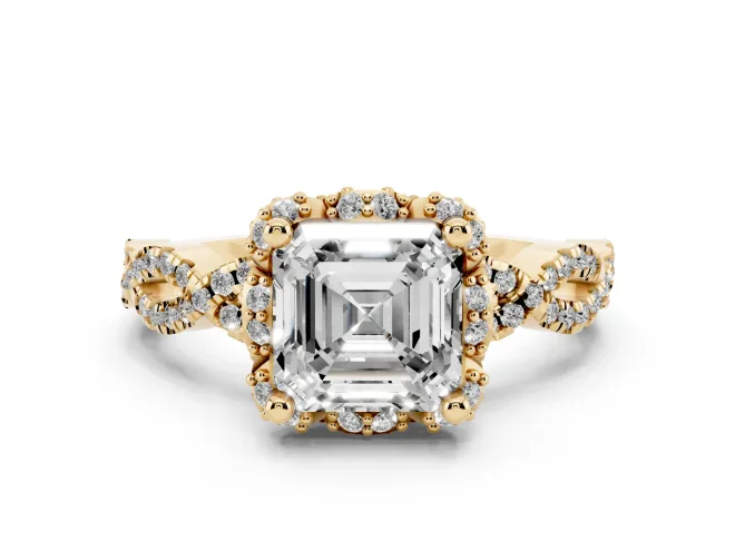 Asscher Cut Diamond Halo Twist Band Solitaire Ring Set in Yellow gold with Prong-Set Center Stone