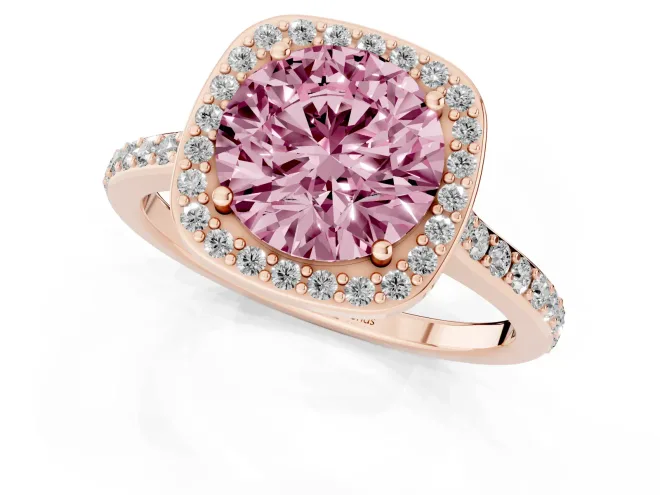 Fancy Pink Round Cut Diamond Halo Engagement Ring Set in Rose gold with Round Pavé Shoulders and Heart Gallery – second view