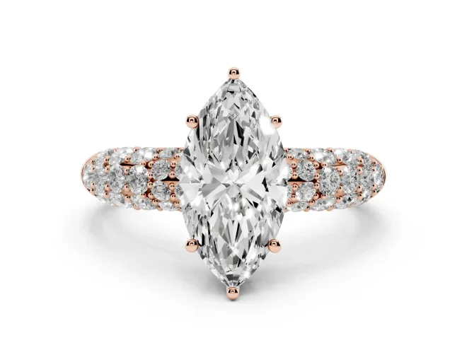 Marquise Cut Diamond Pavé Band Solitaire Ring Set in Rose gold with Close-Set Accent Stones and Prong Setting