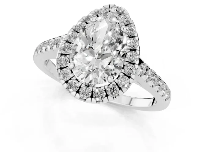 Pear Cut Diamond Pavé Halo Engagement Ring Set in White gold with Pavé Band and Prong Setting – second view