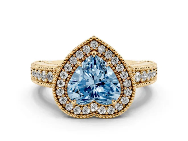 Heart-Shaped Milgrain Halo Engagement Ring Setting for a Fancy Blue Lab-Grown Diamond | Carved Leaf Detail | Yellow Gold