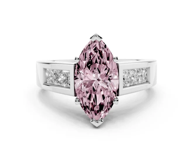 Fancy Pink Marquise Cut Diamond Solitaire Ring Set in Platinum with Channel-Set Accent Stones and Prong Setting