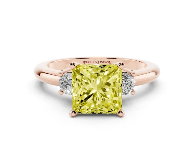 Princess Cut Three Stone Engagement Ring Setting for a Fancy Yellow Lab-Grown Diamond | Round Side Stones | Rose Gold