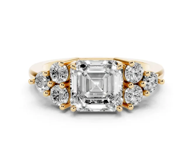 Asscher Cut Cluster Side Stone Engagement Ring Setting | Plain Band | Yellow Gold