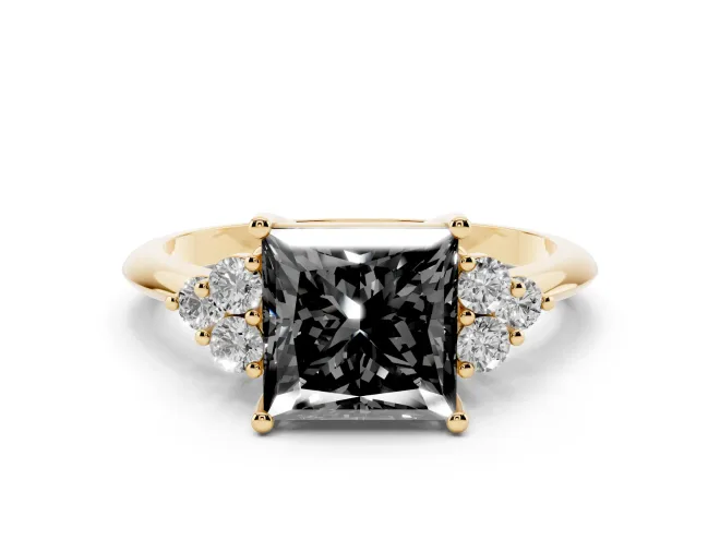 Princess Cut Cluster Accent Engagement Ring Setting for a Black Center | Plain Band | Yellow Gold