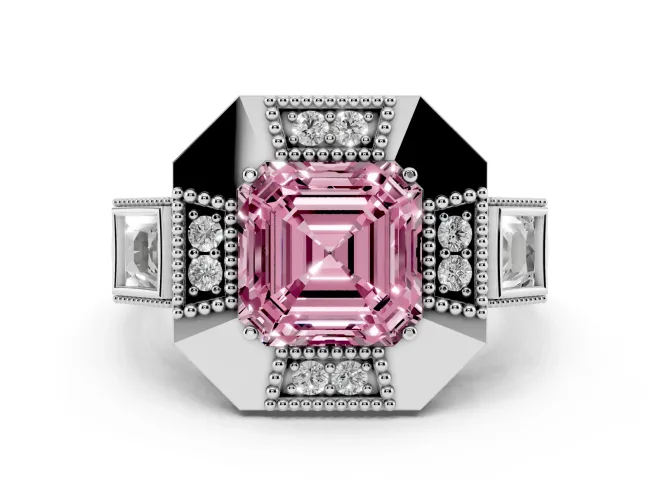 Asscher Cut Milgrain Sectioned Halo Engagement Ring Setting for a Fancy Pink Lab-Grown Diamond | Sterling Silver