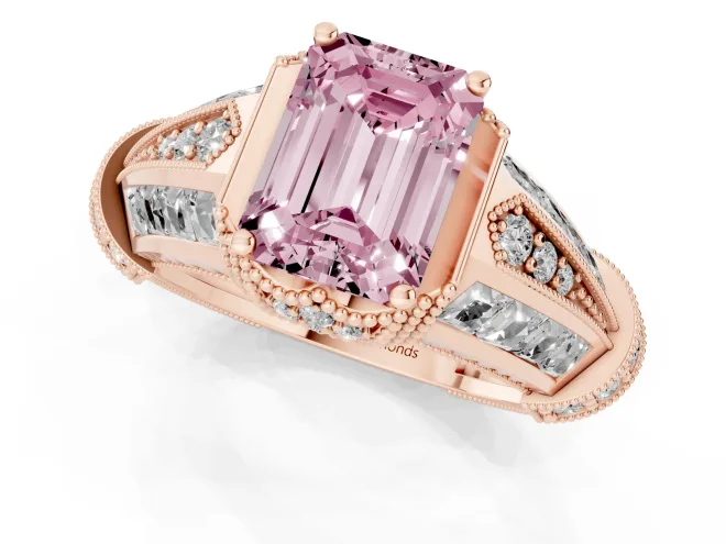 Fancy Pink Emerald Cut Diamond Vintage-Inspired Milgrain Ring Set in Rose gold with Accent Split Shank – second view