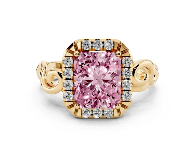 Radiant Cut Filigree Halo Engagement Ring Setting for a Fancy Pink Lab-Grown Diamond | Yellow Gold