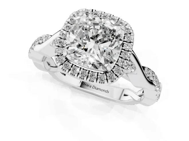 Cushion Cut Diamond Halo Twist Band Solitaire Ring Set in White gold with Prong Setting – second view