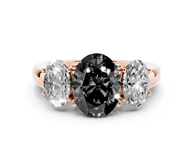 Oval Three Stone Engagement Ring Setting for a Black Center | Matching Side Stones | Rose Gold