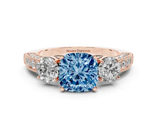 Cushion Cut Three Stone Engagement Ring Setting for a Fancy Blue Lab-Grown Diamond | Graduated Pavé Band | Rose Gold
