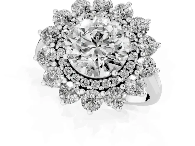 Round Cut Diamond Floral Double Halo Ring Set in White gold with Round Petals – second view