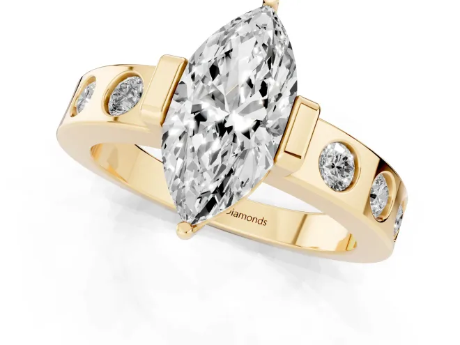 Marquise Cut Diamond Channel-Set Band Ring Set in Yellow gold with Bezel Prong Setting – second view