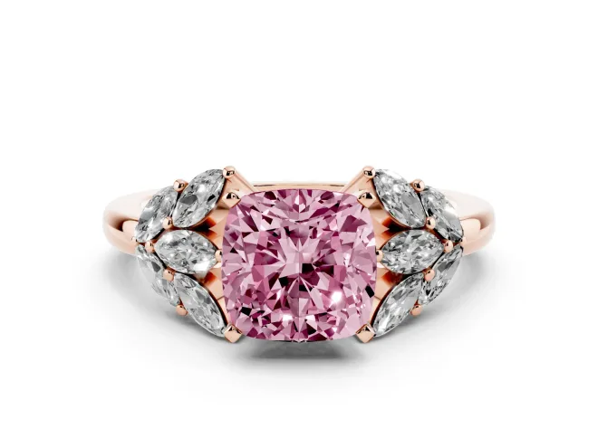 Cushion Cut Leaf Cluster Engagement Ring Setting for a Fancy Pink Lab-Grown Diamond | Rose Gold