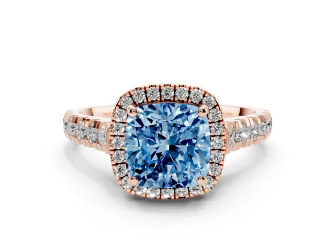 Cushion Cut Accented Halo Engagement Ring Setting for a Fancy Blue Lab-Grown Diamond | Rose Gold