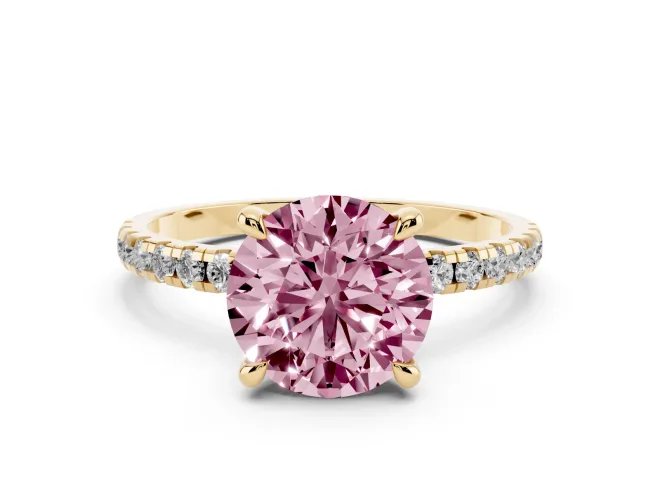Fancy Pink Round Cut Diamond Brilliant Solitaire Ring Set in Yellow gold with Pavé Band and Prong Setting