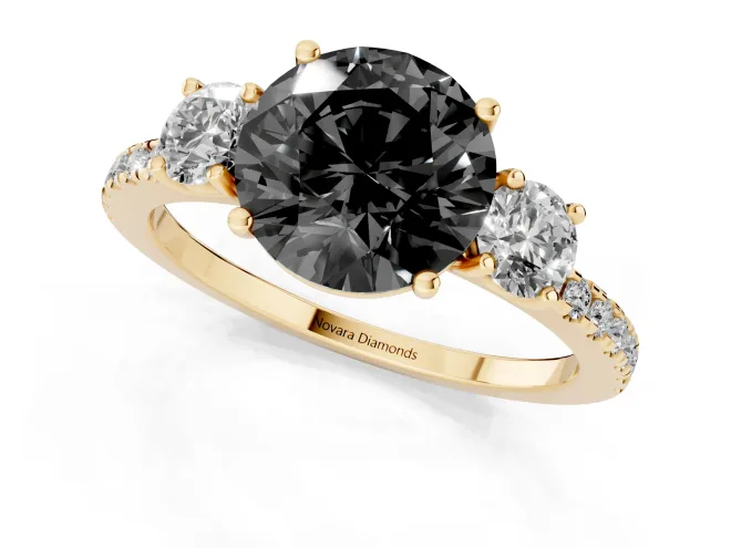 Fancy Black Round Cut Diamond Three-Stone Ring Set in Yellow gold with Pavé Band and Graduated Sides – second view