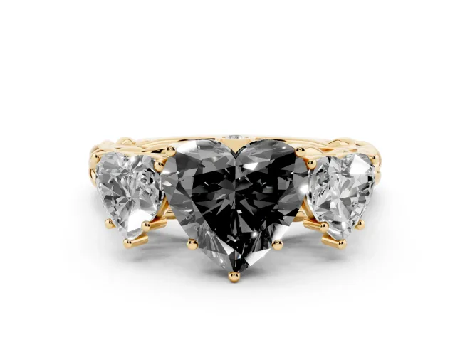 Heart-Shaped Three Stone Engagement Ring Setting for a Black Center | Braided Band | Yellow Gold