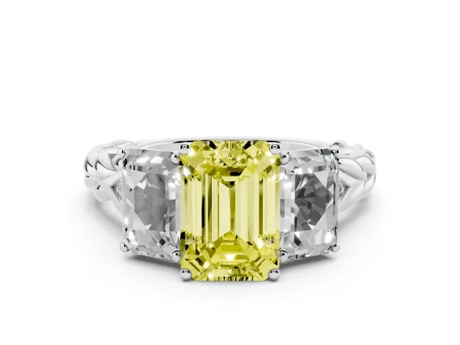 Emerald Cut Three Stone Engagement Ring Setting for a Fancy Yellow Lab-Grown Diamond | Braided Band | White Gold