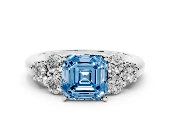 Asscher Cut Side Stone Engagement Ring Setting for a Fancy Blue Lab-Grown Diamond | White Gold