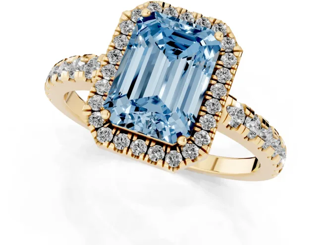Fancy Blue Emerald Cut Diamond Halo Ring Set in Yellow gold with Delicate Pavé Band and Prong Setting – second view