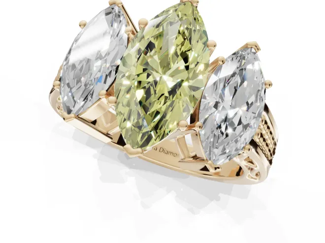 Marquise Three Stone Engagement Ring Setting for a Fancy Yellow Lab-Grown Diamond | Beaded Shoulders | Yellow Gold – second view