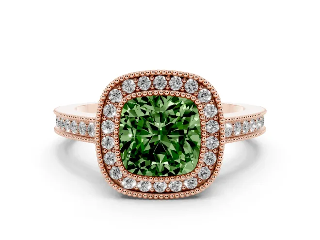 Cushion Cut Milgrain Halo Engagement Ring Setting for a Fancy Green Lab-Grown Diamond | Rose Gold