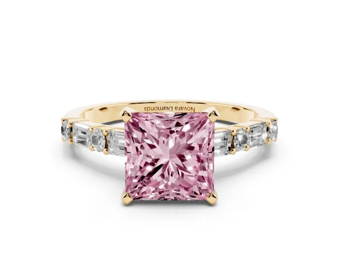 Princess Cut Baguette Side Stone Engagement Ring Setting for a Fancy Pink Lab-Grown Diamond | Yellow Gold