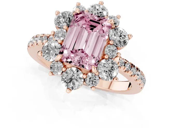 Fancy Pink Emerald Cut Diamond Floral Halo Ring Set in Rose gold with Round Pavé Band and Prong Setting – second view