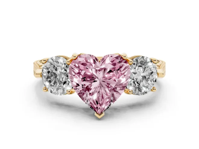 Heart-Shaped Vintage Three Stone Engagement Ring Setting for a Fancy Pink Lab-Grown Diamond | Yellow Gold - Design NV-24868