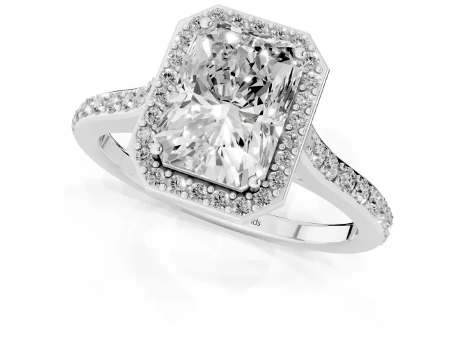 Radiant Cut Diamond Halo Engagement Ring Set in White gold with Round Pavé Shoulders and Heart Gallery – second view