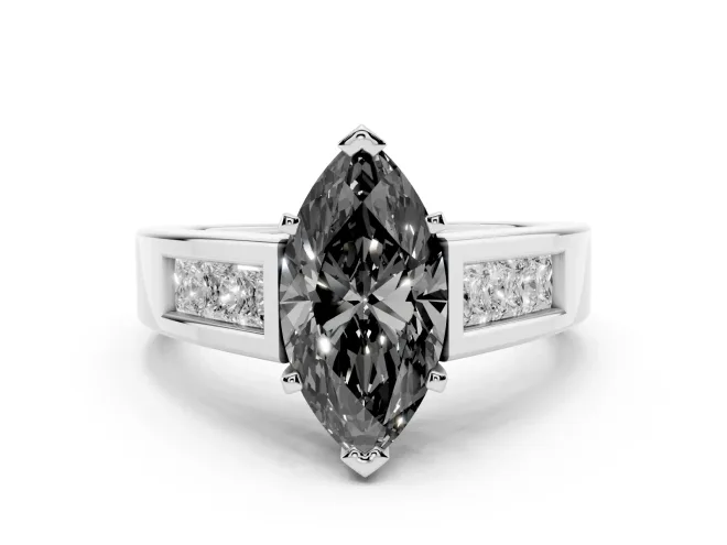 Fancy Black Marquise Cut Diamond Solitaire Ring Set in White gold with Channel-Set Accent Stones and Prong Setting