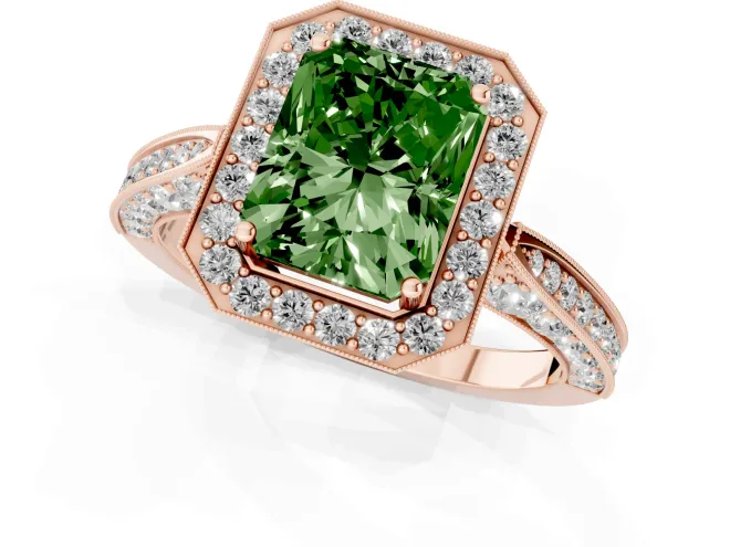 Fancy Green Radiant Cut Diamond Halo Engagement Ring Set in Rose gold with Accent Split Shank Band – second view