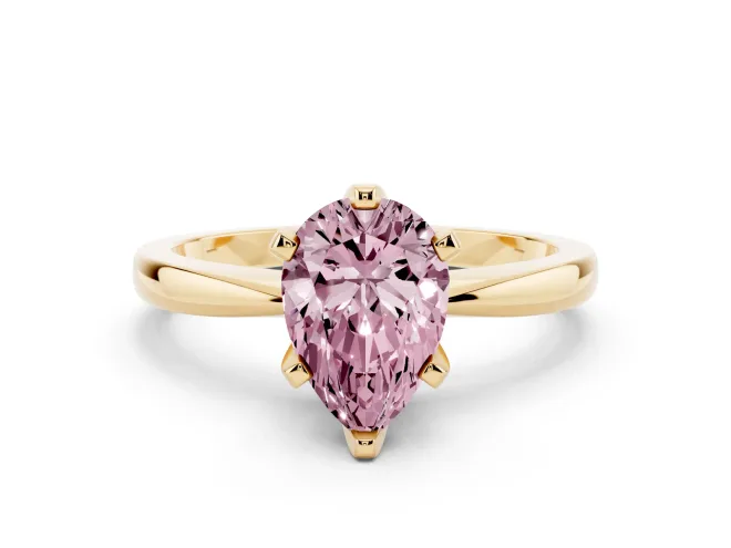 Fancy Pink Pear Cut Diamond Solitaire Engagement Ring Set in Yellow gold with Slim Tapered Solitaire Band