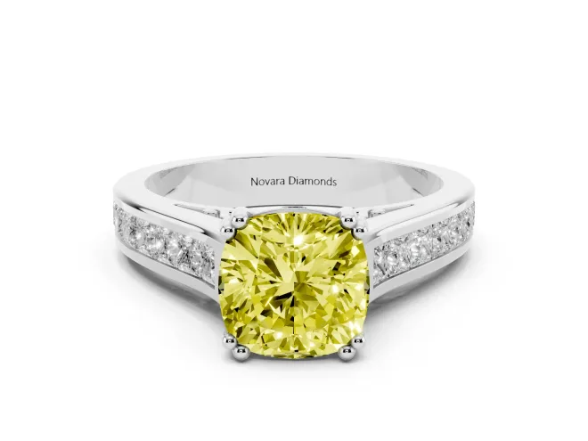 Fancy Yellow Cushion Cut Diamond Channel Set Solitaire Engagement Ring Set in White gold with Prong Setting