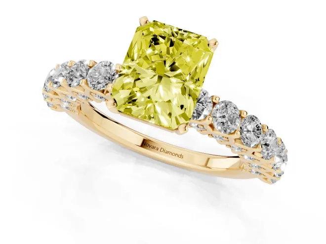 Fancy Yellow Radiant Cut Diamond Solitaire Ring Set in Yellow gold with Shared Prong Pavé Band – second view